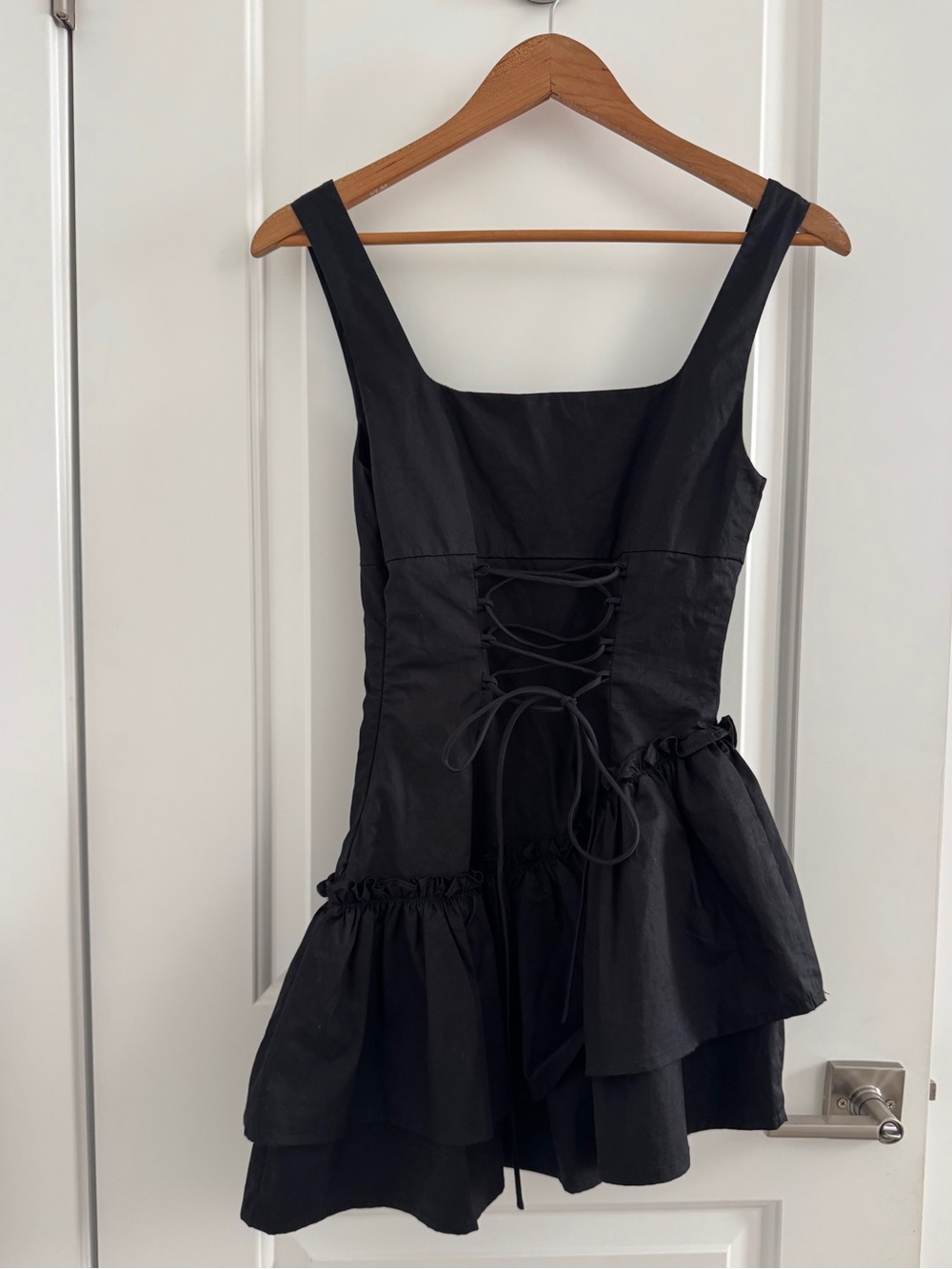 Princess Polly Shantelle asymmetric ruffle hem lace-up detail romper in black 2 - Picture 9 of 12